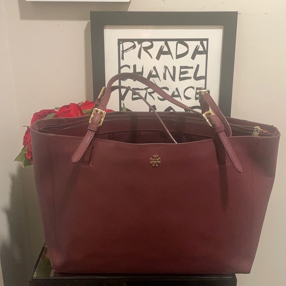 Ladies TORY BURCH LEATHER TOTE BAG Burgundy - Picture 3 of 15